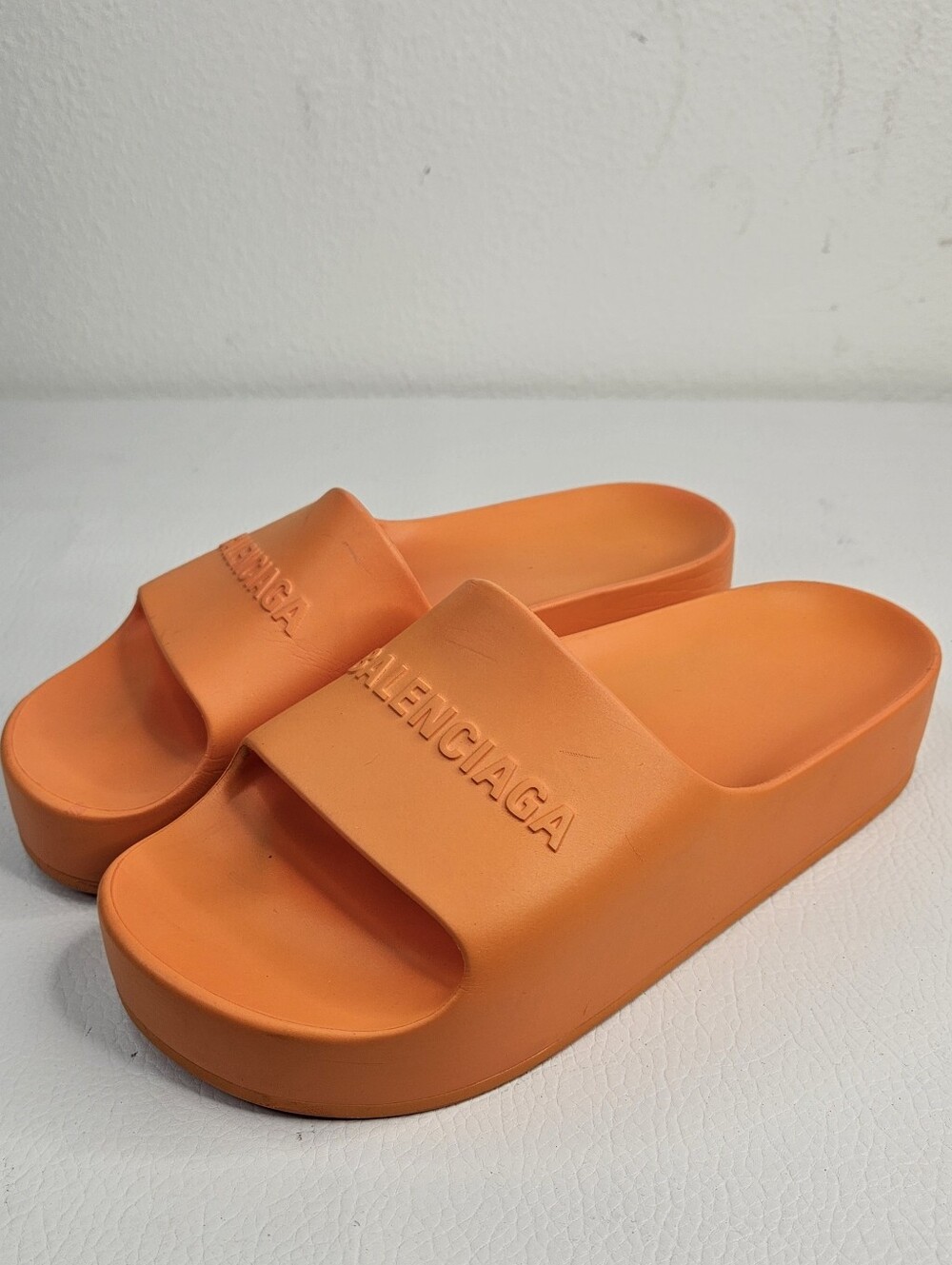 Balenciaga Mono Logo Platform Chunky Pool Slides Orange Rubber Sandals Italy